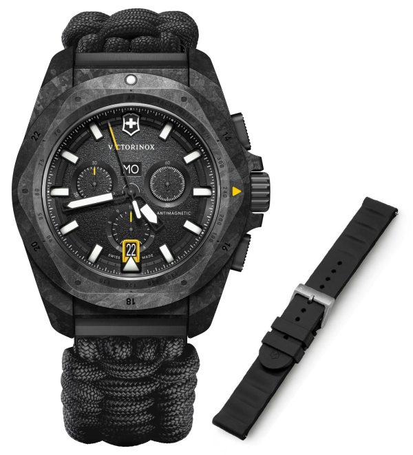 Victorinox Swiss Army I.N.O.X. Chronograph Black Carbon Black Dial Black Nylon Interchangeable Black Rubber Strap Day Date Divers Quartz Mens Watch 241989.1 on Sale