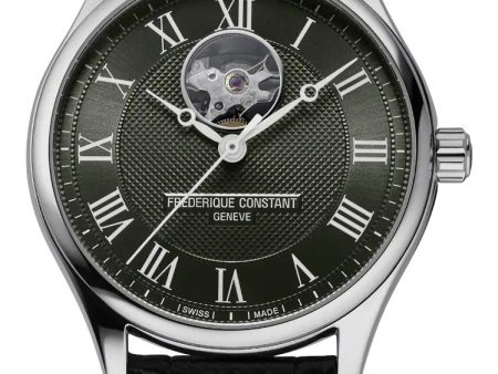 Frederique Constant Classics Heart Beat Automatic Stainless Steel Khaki Green Dial Black Leather Strap Mens Watch FC-310MCK5B6 on Sale