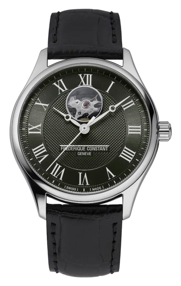 Frederique Constant Classics Heart Beat Automatic Stainless Steel Khaki Green Dial Black Leather Strap Mens Watch FC-310MCK5B6 on Sale