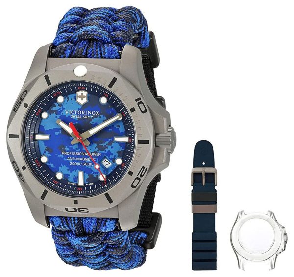 Victorinox Swiss Army I.N.O.X. Professional Diver Gray Titanium Blue Dial Blue Textile Interchangeable Blue Rubber Strap Date Quartz Mens Watch 241813.2 Cheap