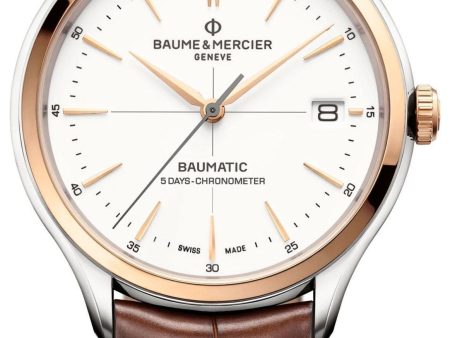 Baume & Mercier Clifton Baumatic COSC Automatic Stainless Steel & Rose Gold White Dial Brown Leather Strap Date Mens Watch M0A10519 Online Hot Sale