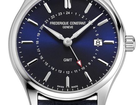 Frederique Constant Classics GMT Stainless Steel Blue Dial Blue Leather Strap Date Quartz Mens Watch FC-252NS5B6 on Sale