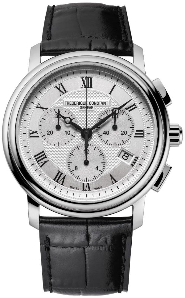 Frederique Constant Persuasion Quartz Chronograph Stainless Steel Silver Dial Black Leather Strap Date Mens Watch FC-292MC4P6 Online Sale