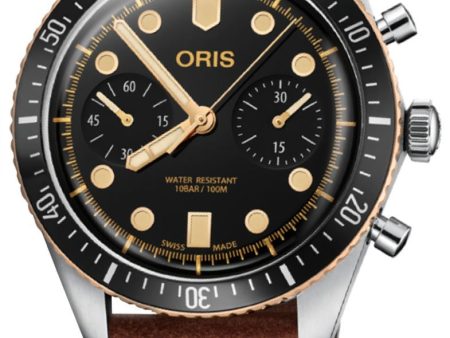 Oris Divers Sixty-Five Automatic Chronograph Stainless Steel Brown Leather Strap Black Dial Mens Watch 771 7744 4354-LS For Discount