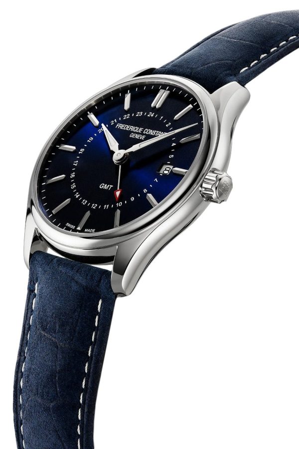 Frederique Constant Classics GMT Stainless Steel Blue Dial Blue Leather Strap Date Quartz Mens Watch FC-252NS5B6 on Sale