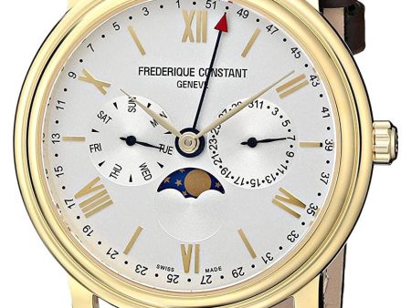 Frederique Constant Persuasion Classics Business Timer Yellow Gold Plated Steel Silver Dial Brown Leather Moonphase Day Date Quartz Mens Watch FC-270SW4P5 Supply