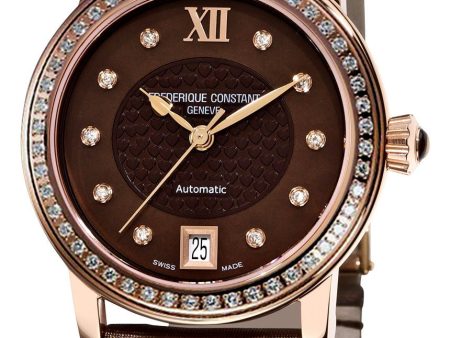 Frederique Constant Classics Automatic Diamond Rose Gold Plated Steel Brown Mother-Of-Pearl Dial Brown Satin Strap Date Womens Watch FC-303CHD2PD4 Discount