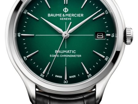 Baume & Mercier Clifton Baumatic COSC Automatic Stainless Steel Green Dial Black Leather Strap Date Mens Watch M0A10592 Online Sale