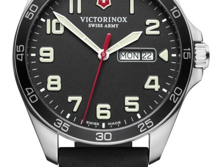 Victorinox Swiss Army Fieldforce Stainless Steel Black Dial Black Leather Strap Day Date Quartz Mens Watch 241846 For Cheap