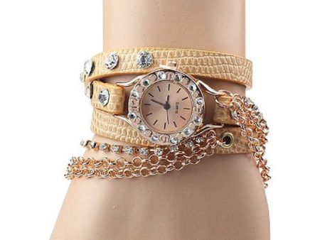 ABC® Leather Bracelet Rhinestone Rivet Chain Quartz Wrist Watch (Brown) Supply