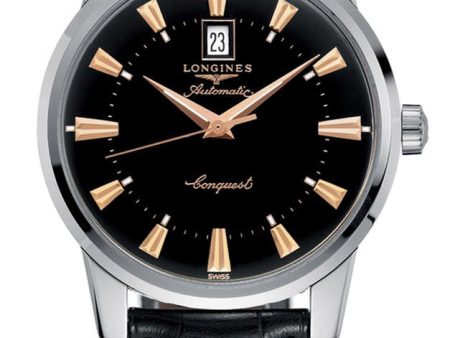 Longines Conquest Heritage Automatic Stainless Steel Black Dial Black Leather Strap Date Mens Watch L1.645.4.52.4 Discount