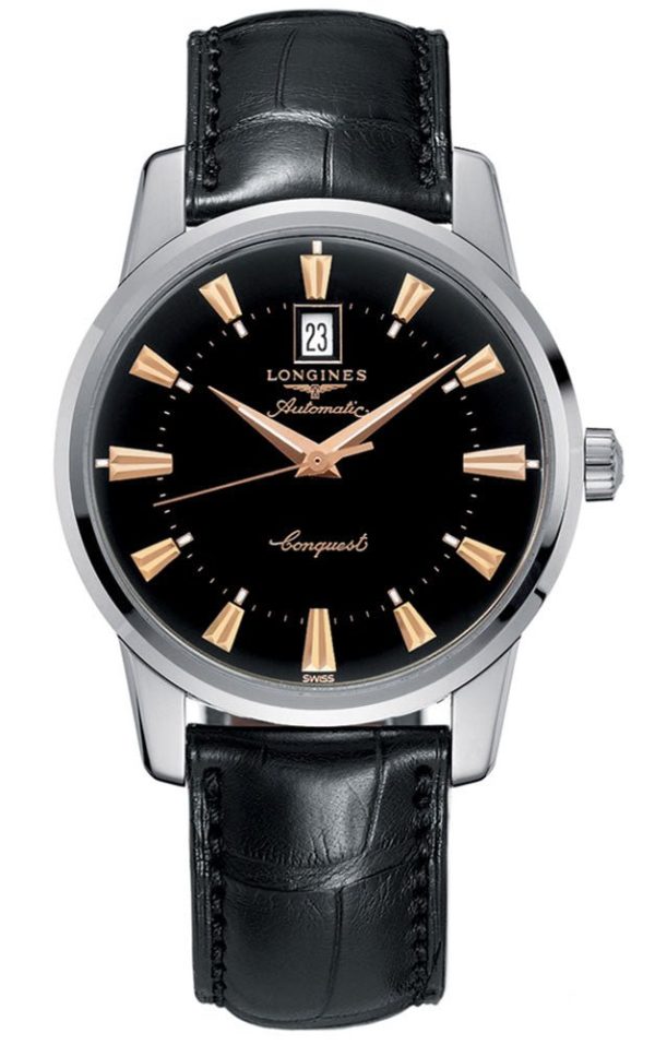 Longines Conquest Heritage Automatic Stainless Steel Black Dial Black Leather Strap Date Mens Watch L1.645.4.52.4 Discount