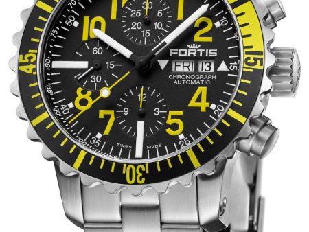 Fortis Marinemaster Yellow Automatic Chronograph Stainless Steel Black Dial Day Date Divers Mens Watch F8140001 Online Sale