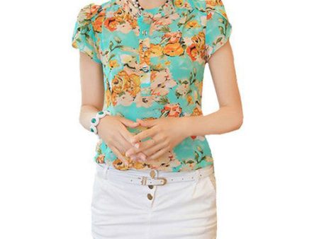 Finejo Women Short-Sleeve Slim Ladies Floral Print Chiffon Shirt Online Sale