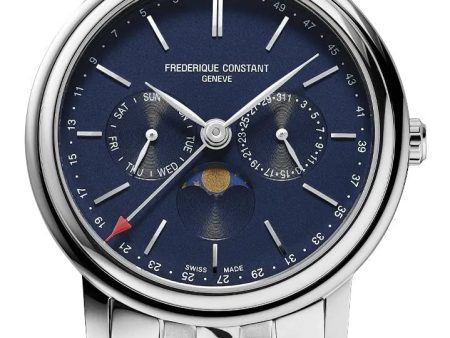 Frederique Constant Classics Index Business Timer Stainless Steel Blue Dial Day Date Week Moonphase Quartz Mens Watch FC-270N4P6B For Sale