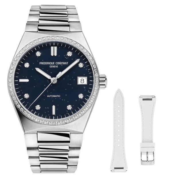 Limited Edition Frederique Constant Highlife Sparkling Automatic Stainless Steel Blue Dial Diamonds Interchangeable White Rubber Strap Date Womens Watch FC-303NSD2NHD6B Supply