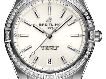 Breitling Chronomat Stainless Steel Gem-Set White Dial Date Automatic Womens Watch A10380591A1A1 Hot on Sale