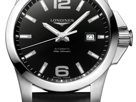 Longines Conquest Automatic Stainless Steel Black Dial Black Leather Strap Date Divers Mens Watch L3.778.4.58.3 Supply