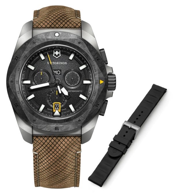 Victorinox Swiss Army I.N.O.X. Chronograph Titanium Black Dial Brown Leather Interchangeable Black Rubber Strap Day Date Divers Quartz Mens Watch 241988.1 on Sale