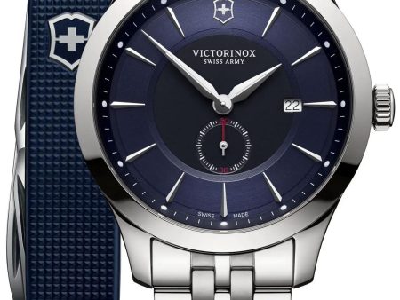 Victorinox Swiss Army Alliance Stainless Steel Blue and Black Dial Date Mens Watch with Pioneer Knife 241763.1 For Discount