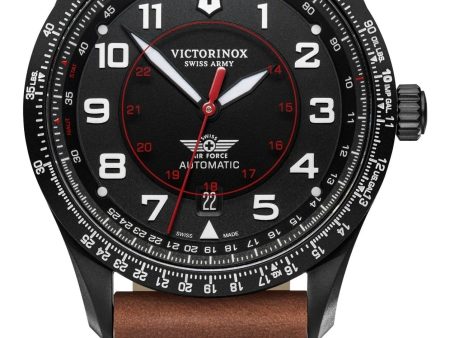 Victorinox Swiss Army Airboss Mechanical Automatic Black Stainless Steel Black Dial Brown Leather Strap Date Mens Watch 241886 Online