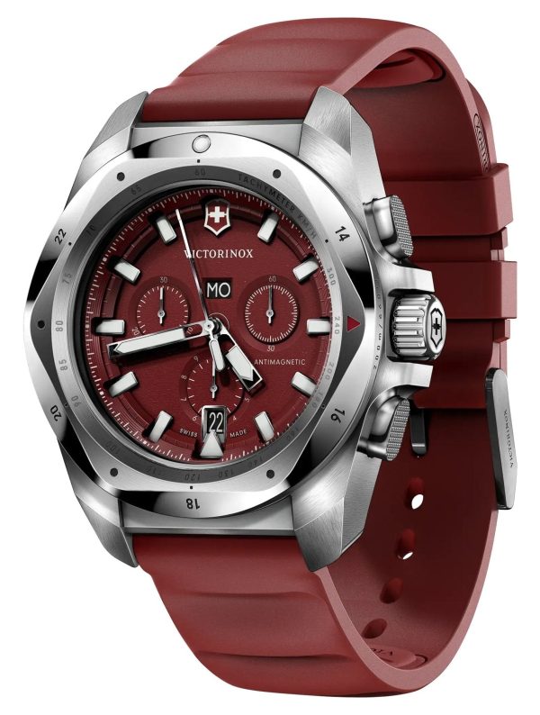 Victorinox Swiss Army I.N.O.X. Chronograph Stainless Steel Red Dial Red Rubber Strap Day Date Divers Quartz Mens Watch 241986 Fashion