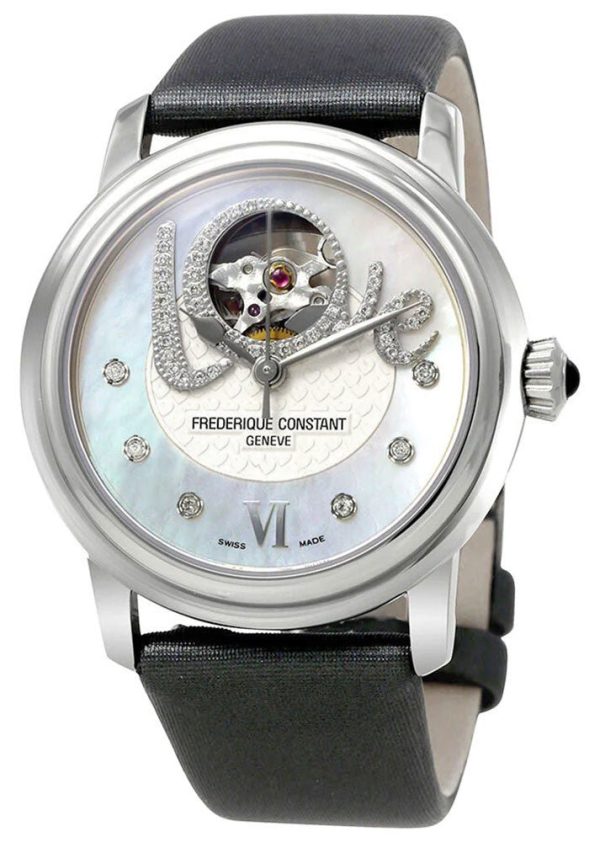 Frederique Constant Love Heart Beat Automatic Stainless Steel Mother-Of-Pearl Dial Grey Satin Strap Diamonds Womens Watch FC-310LHB2P6 Online