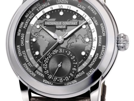 Frederique Constant Classic Worldtimer Manufacture Automatic Grey Dial Brown Leather Strap Date Mens Watch FC-718DGWM4H6 Online Hot Sale