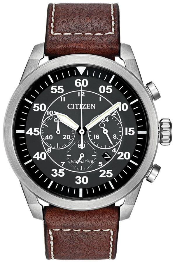 Citizen Avion Chronograph Brown Leather Strap Black Dial Quartz Eco-Drive Date Mens Watch CA4210-24E Hot on Sale