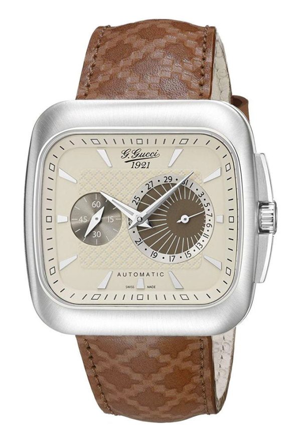 Gucci G-Coupe Special Edition Automatic Stainless Steel YA131307 Cream Dial Date Brown Leather Strap Mens Watch Online