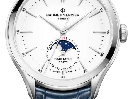 Baume & Mercier Clifton Baumatic Automatic Stainless Steel White Dial Blue Leather Strap Moonphase Date Mens Watch M0A10549 For Cheap