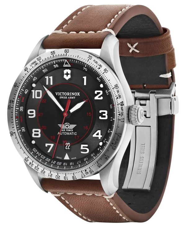 Victorinox Swiss Army Airboss Mechanical Automatic Stainless Steel Black Dial Brown Leather Strap Date Mens Watch 241973 For Cheap