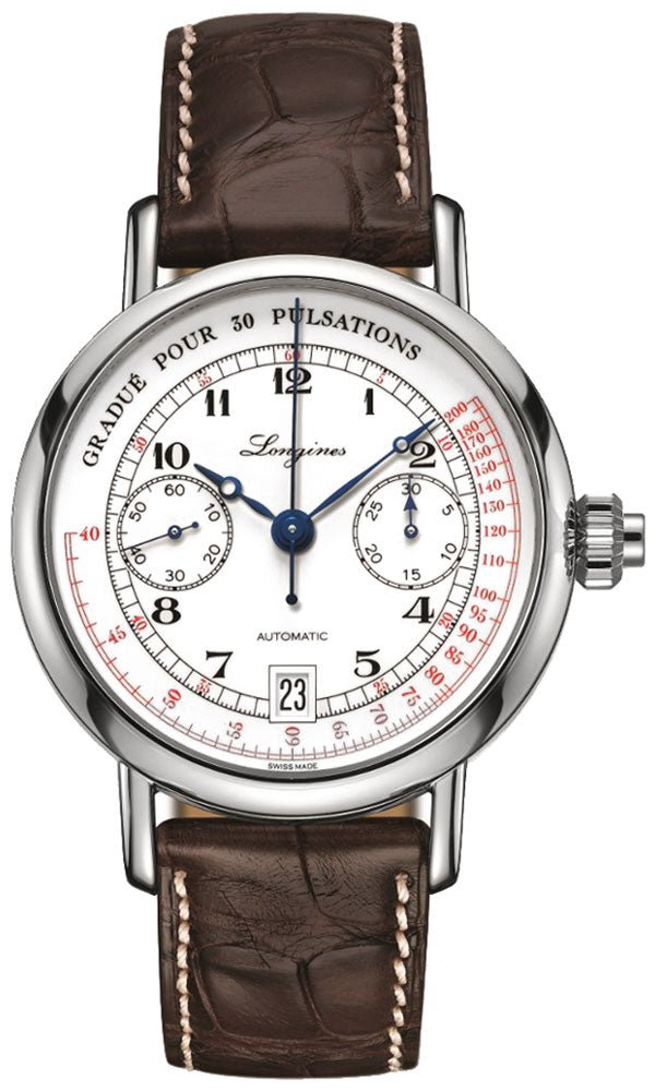 Longines Heritage Column Wheel Pulsometer Chronograph Automatic White Dial Brown Leather Strap Date Mens Watch L2.801.4.23.2 Online Hot Sale