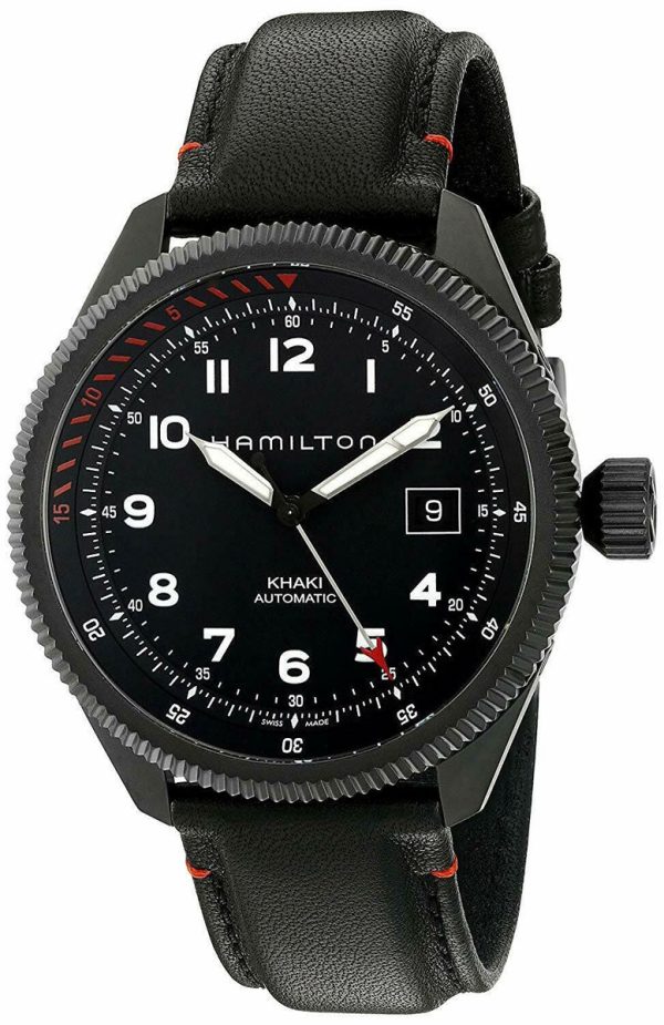 Hamilton Khaki Aviation Takeoff Air Zermatt Automatic Black Steel Black Dial Date Black Leather Strap Mens Watch H76695733 on Sale