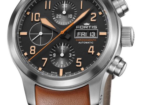 Fortis Aeromaster Automatic Chronograph Stainless Steel Black Dial Brown Leather Strap Day Date Divers Mens Watch F4040001 Hot on Sale