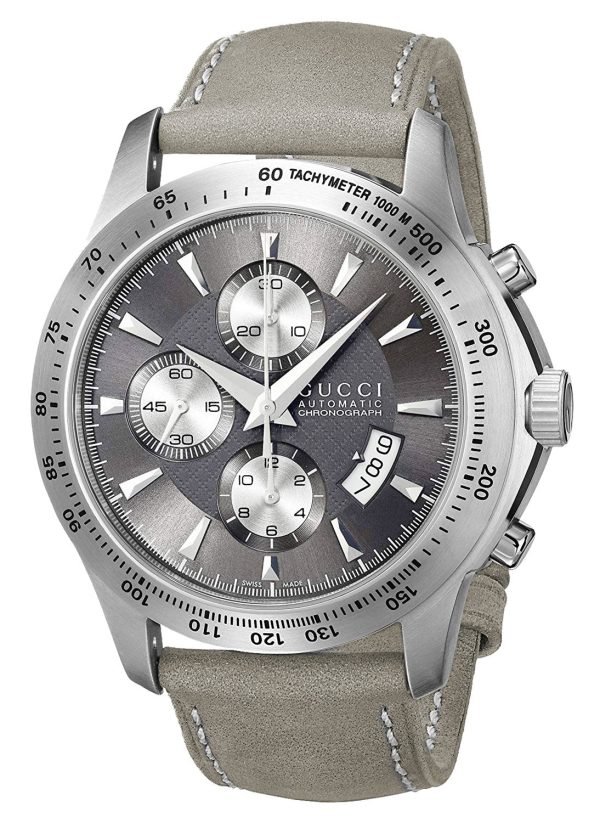 Gucci G-Timeless Automatic Stainless Steel YA126241 Dark Gray Chronograph Dial Gray Leather Strap Men s Watch For Sale