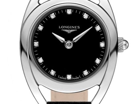 Longines Equestrian Stainless Steel Black Dial Black Leather Strap Diamonds Quartz Womens Watch L6.135.4.57.0 on Sale