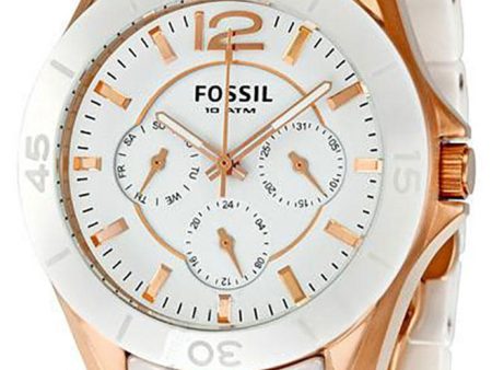 Fossil White Ceramic Rose Gold-Tone Stainless Steel White Dial Multi-Function Day-Date Quartz Womens Watch CE1006 Discount