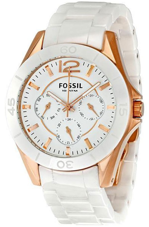 Fossil White Ceramic Rose Gold-Tone Stainless Steel White Dial Multi-Function Day-Date Quartz Womens Watch CE1006 Discount