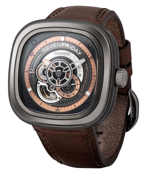 SEVENFRIDAY P-Series Automatic Gunmetal PVD Black Skeleton Dial Brown Leather Strap Mens Watch P2C 01 Online Hot Sale