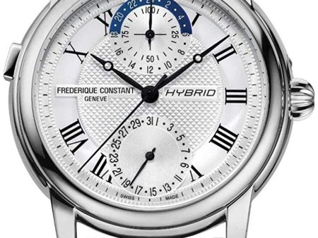 Frederique Constant Hybrid Manufacture Automatic Worldtimer Stainless Steel Silver-Tone Dial Black Leather Date Mens Horological Smartwatch FC-750MC4H6 For Cheap