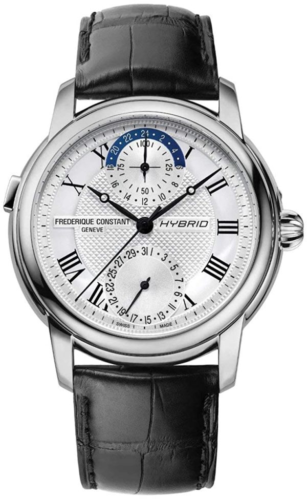 Frederique Constant Hybrid Manufacture Automatic Worldtimer Stainless Steel Silver-Tone Dial Black Leather Date Mens Horological Smartwatch FC-750MC4H6 For Cheap