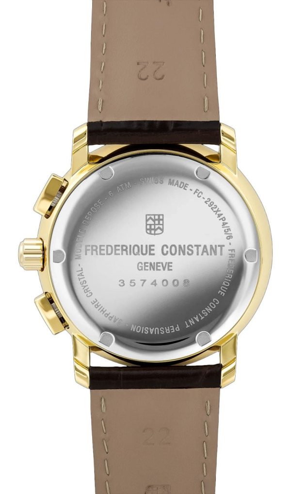 Frederique Constant Persuasion Classics Chronograph Yellow Gold Plated Steel Silver Dial Brown Leather Strap Date Quartz Mens Watch FC-292MC4P5 For Cheap