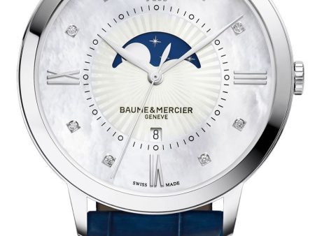 Baume & Mercier Classima Mother-Of-Pearl Dial Diamonds Blue Leather Strap Moonphase Date Quartz Womens Watch MOA10226 Online now