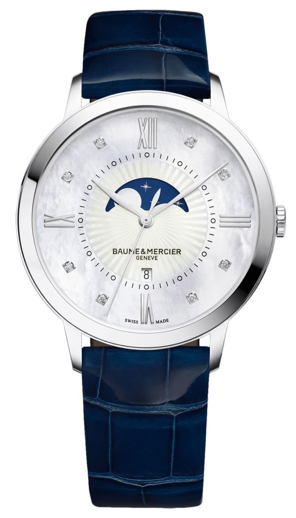 Baume & Mercier Classima Mother-Of-Pearl Dial Diamonds Blue Leather Strap Moonphase Date Quartz Womens Watch MOA10226 Online now