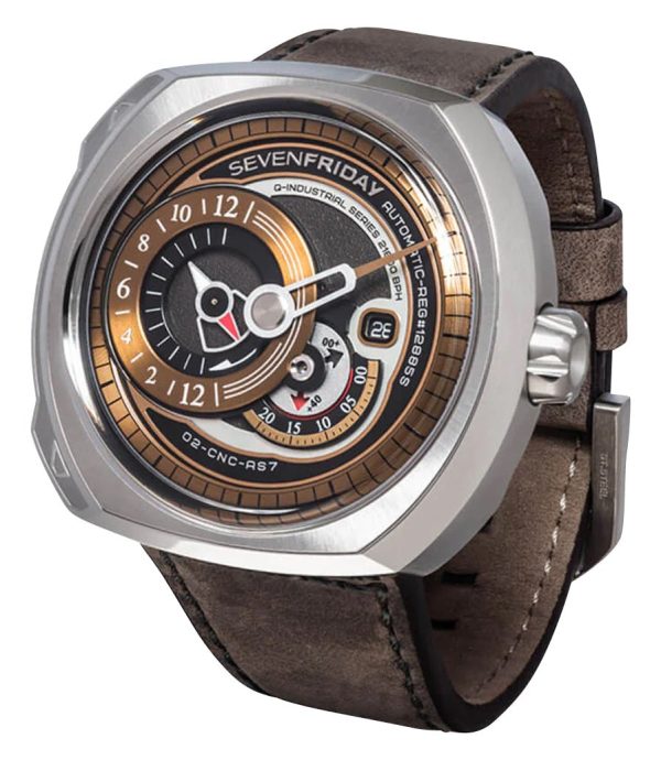 SEVENFRIDAY Q-Series Automatic Stainless Steel Gold Dial Brown Leather Strap Date Mens Watch Q2 02 Online