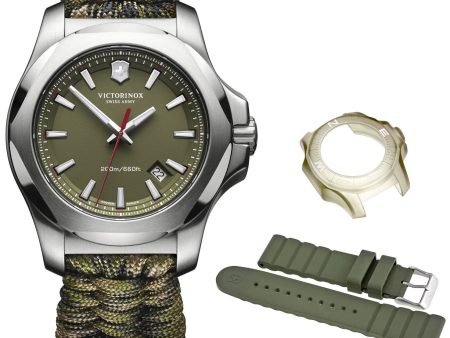 Victorinox Swiss Army I.N.O.X. Stainless Steel Green Dial Paracord Band Interchangeable Green Rubber Strap Date Quartz Mens Watch 241727.1 For Sale