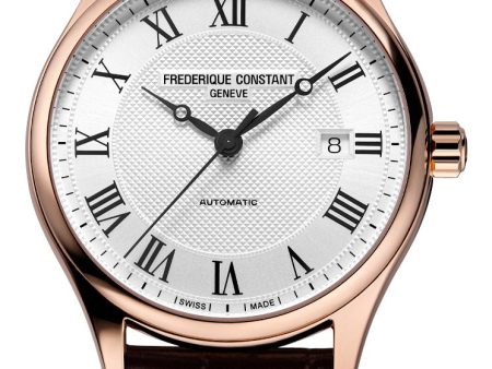 Frederique Constant Classics Automatic Rose Gold PVD Silver Dial Brown Leather Strap Date Mens Watch FC-303MC5B4 Fashion