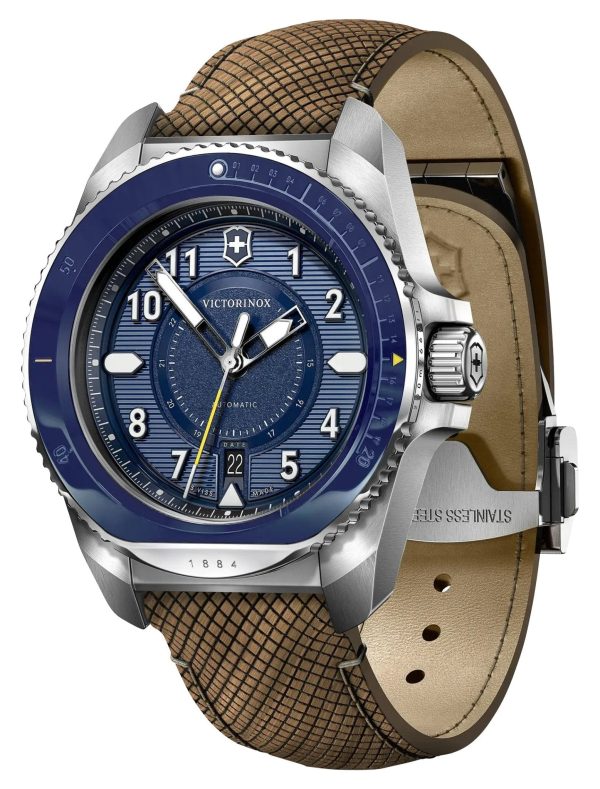 Victorinox Swiss Army Journey 1884 Automatic Stainless Steel Blue Dial Brown Leather Interchangeable Blue Rubber Strap Date Divers Mens Watch 241980.1 on Sale