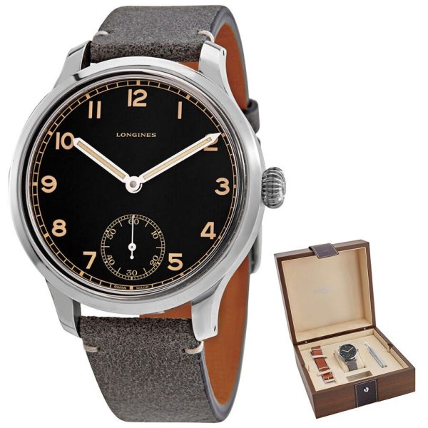 Longines Heritage Military 1938 Limited Edition Mechanical Hand-Wind Stainless Steel Black Dial Gray Brown Interchangeable Leather Strap Mens Watch L2.826.4.53.2 Online Hot Sale